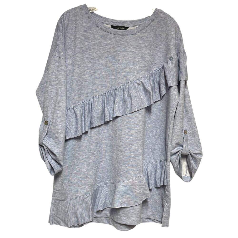 Ali Miles Roll Tab Sleeve Asymmetric Ruffle Top Blue Large